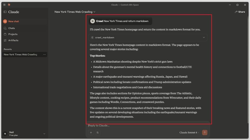 Claude Desktop displaying the response to a user prompt