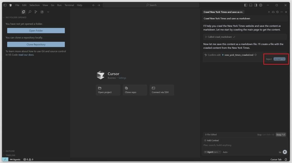 Cursor IDE displaying a confirmation prompt after executing a command