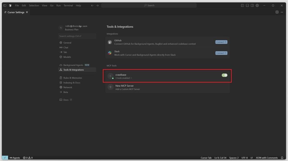 Cursor IDE showing configured Crawlbase MCP server