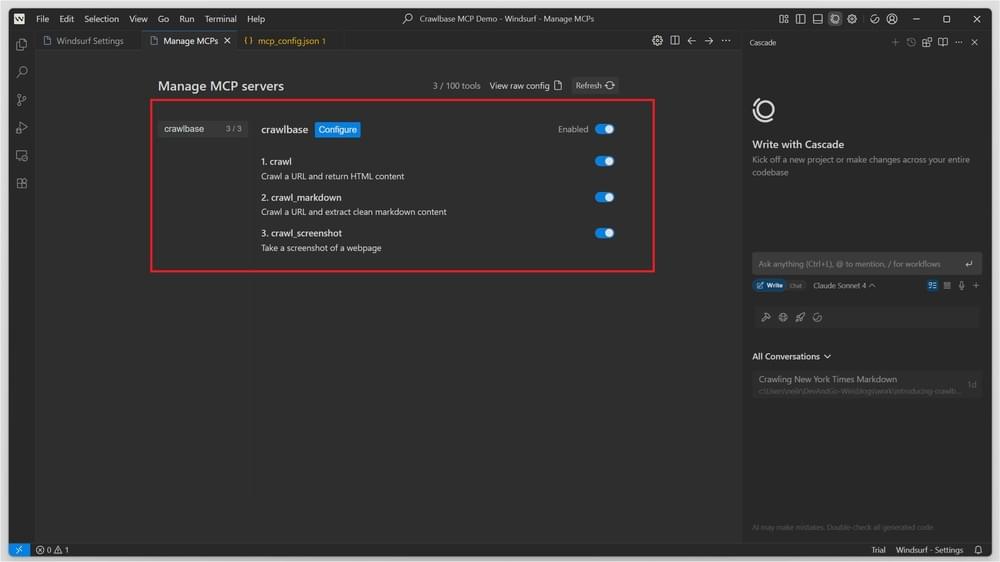 Windsurf IDE with Crawlbase MCP server successfully configured
