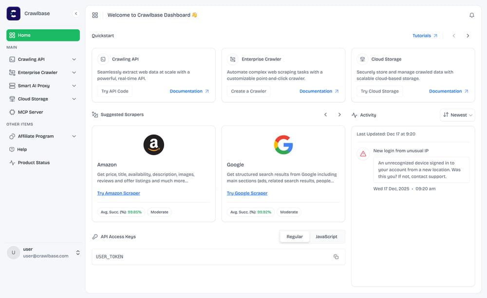 An image shows the new Crawlbase dashboard