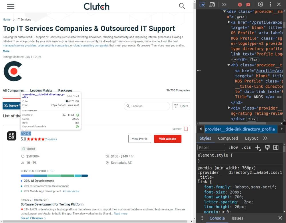 A screenshot of Clutch.co web page code inspection