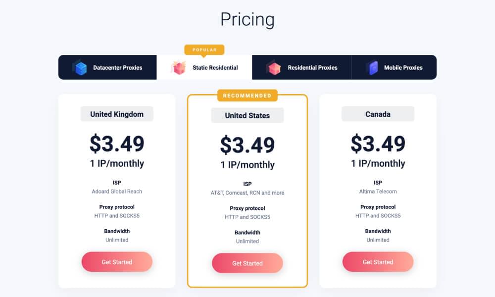 Proxy-Cheap pricing table