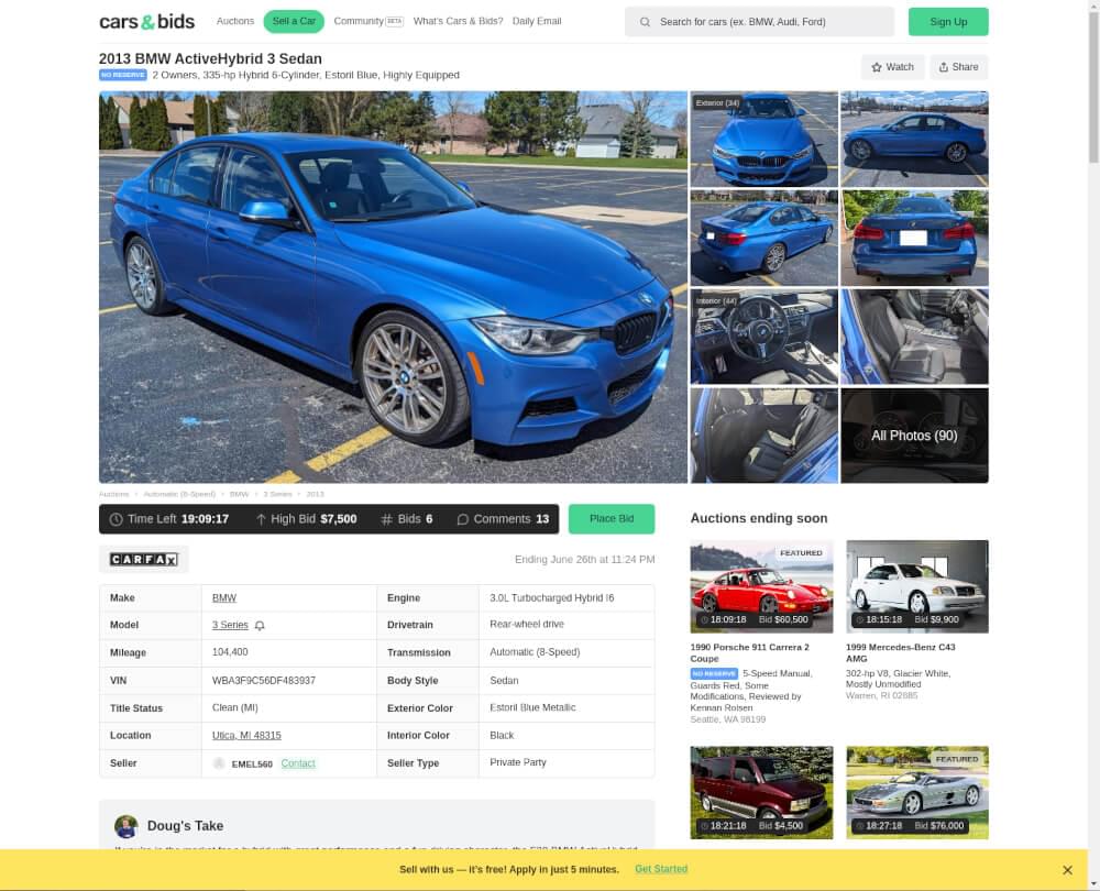 A screenshot of carsandbids.com’s product page.