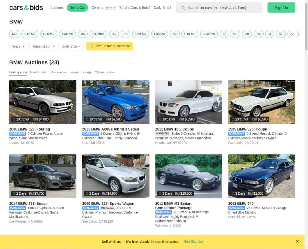 An screenshot of carsandbids.com’s search results page