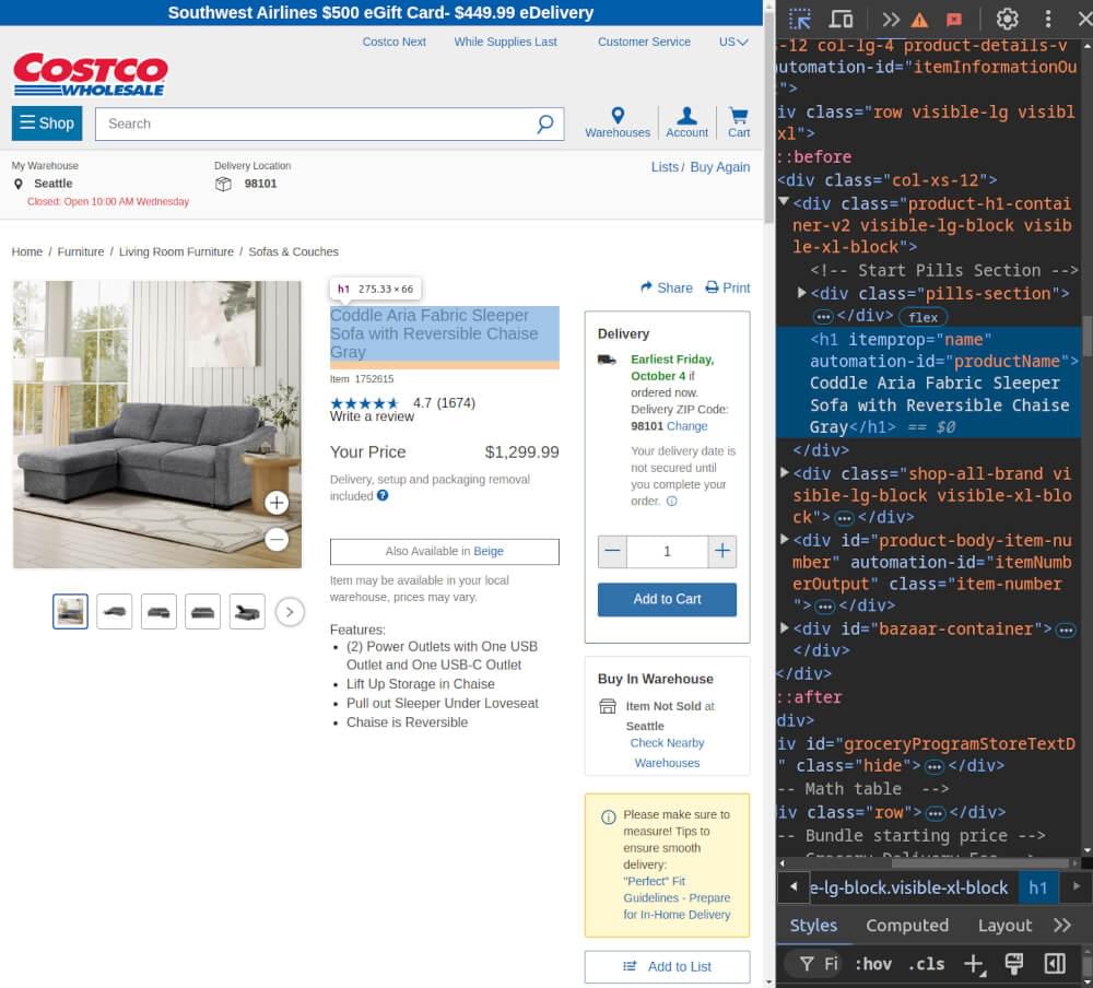 Screenshot of HTML structure for Costco product page