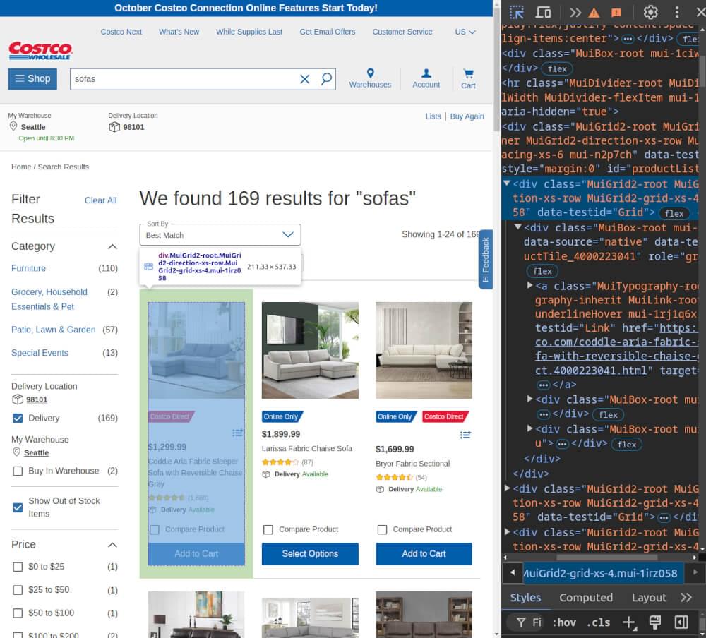 Screenshot of HTML structure for Costco search listings