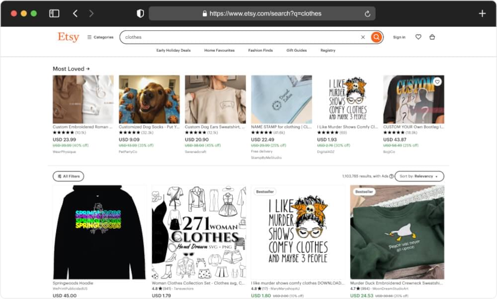 Etsy search page