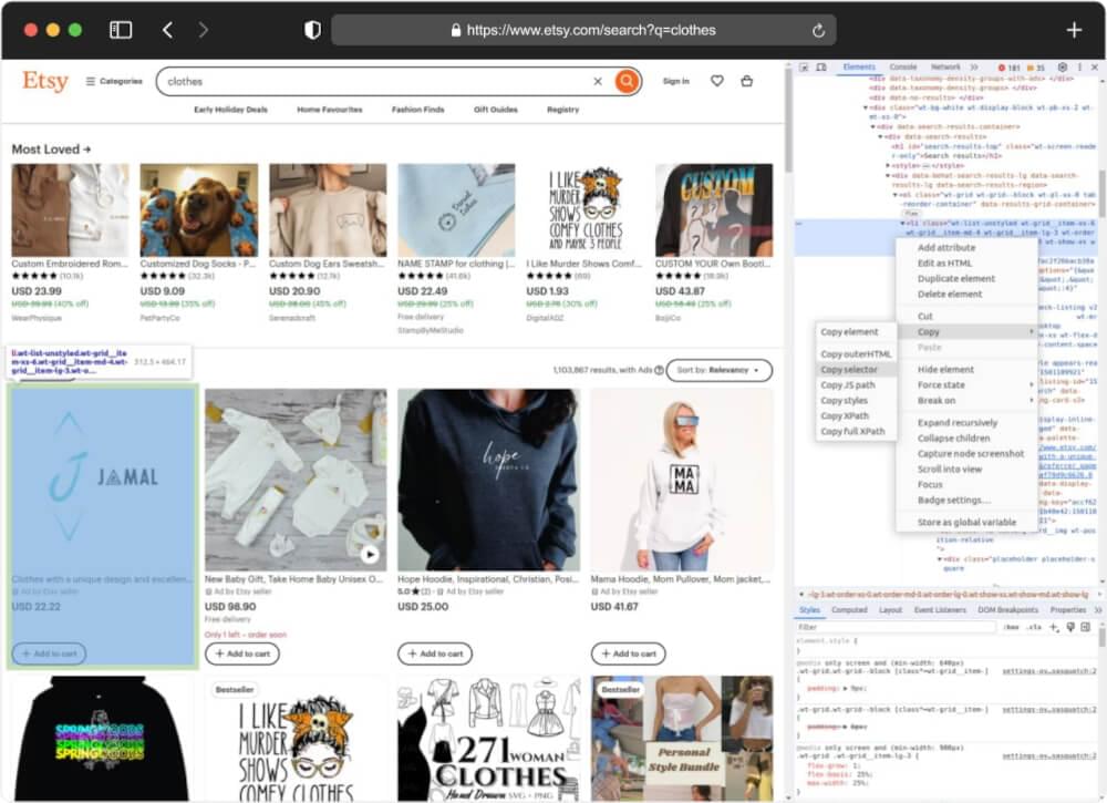 Inspect Etsy search page