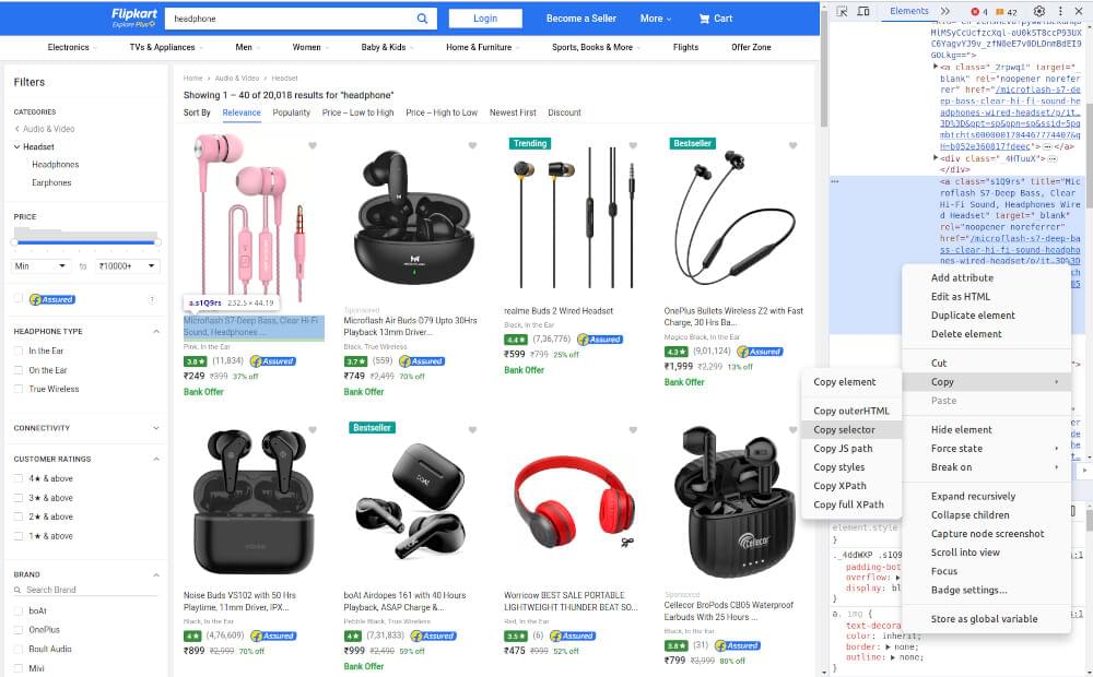 Flipkart Search Page Inspect