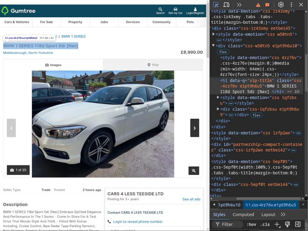 A screenshot showing Gumtree Product Pages - HTML structure