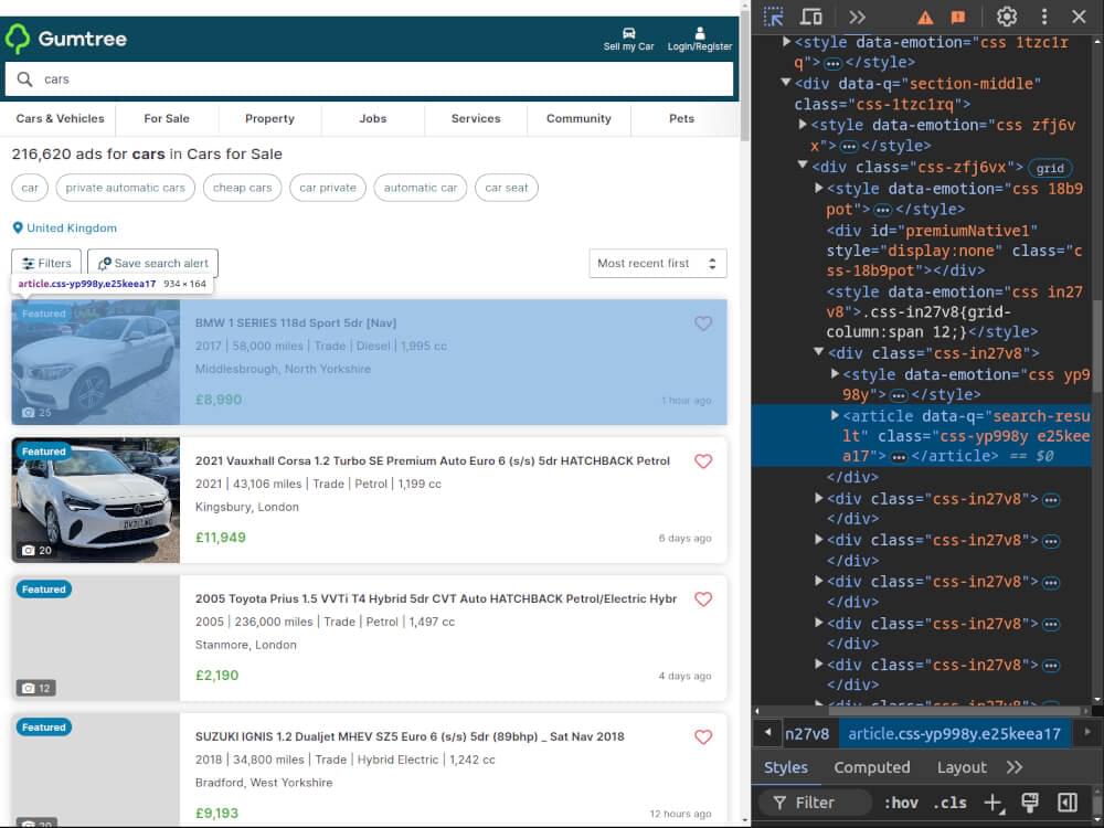A screenshot showing Gumtree Search Results - HTML structure