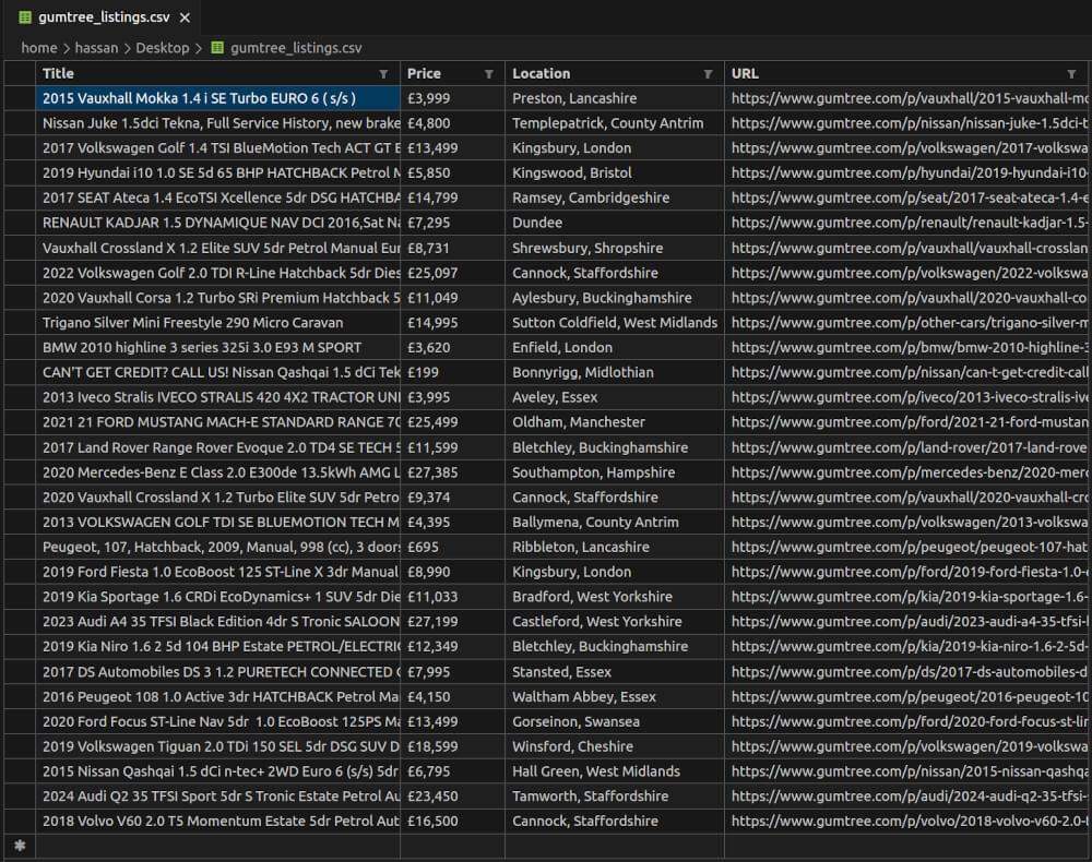 gumtree_listings.csv File Snapshot