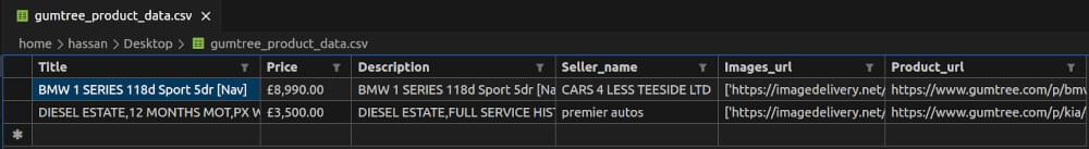 gumtree_product_data.csv File Snapshot
