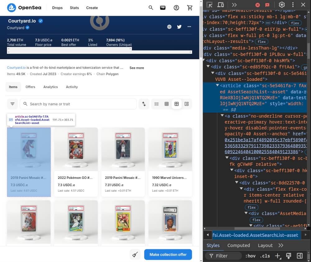 OpenSea Collection page HTML inspect