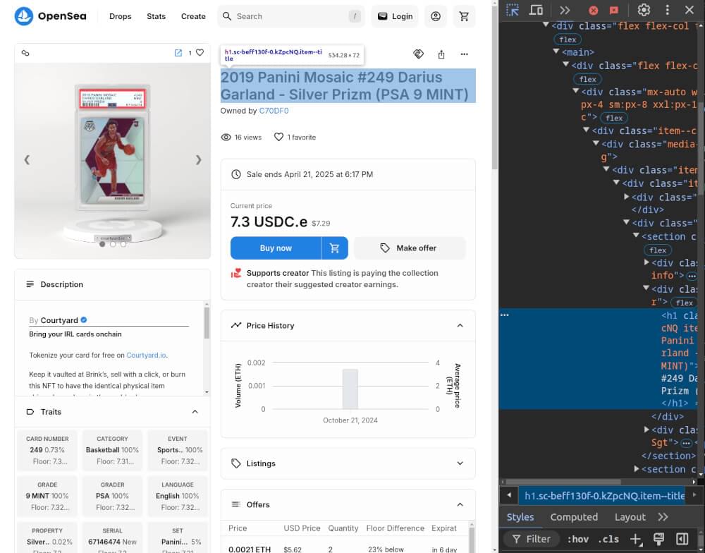 OpenSea NFT detail page HTML inspect