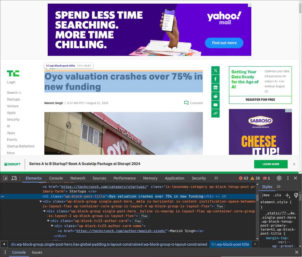 An Image of the HTML structure of Techcrunch article page