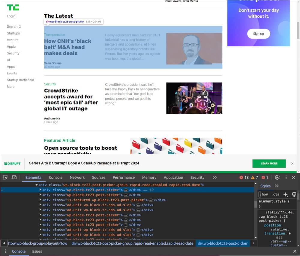 An image of the HTML structure of Techcrunch listings