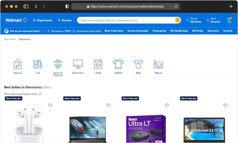 Walmart Best Sellers page for electronics category