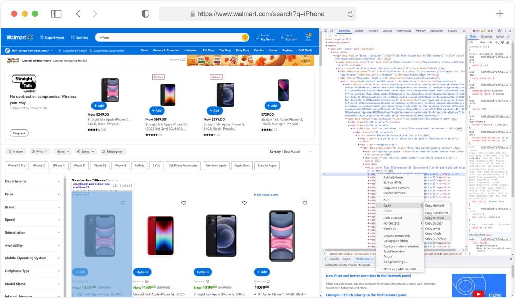 Walmart Search Page Inspect