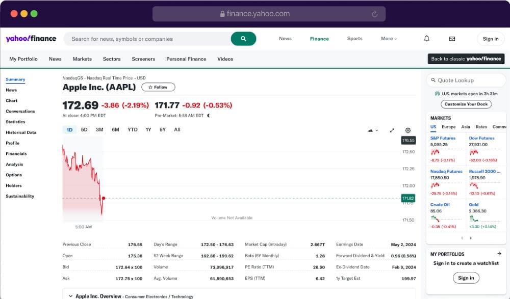 Yahoo Finance Webpage