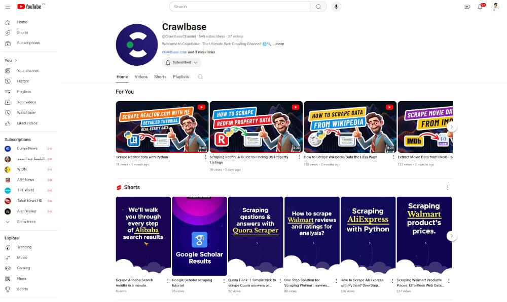 A screenshot of Crawlbase’s YouTube channel overview.
