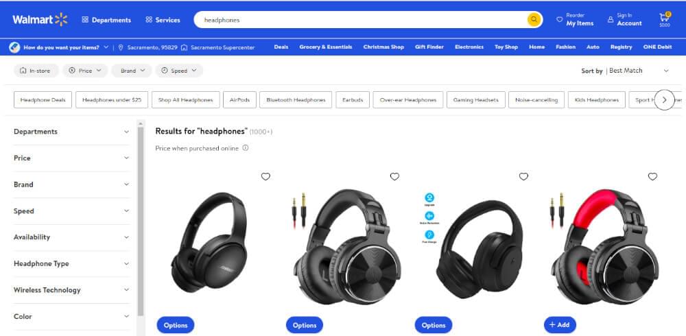 Walmart headphones search result page