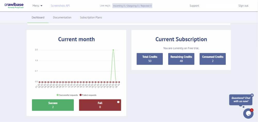 Crawlbase 屏幕截图 API 仪表板